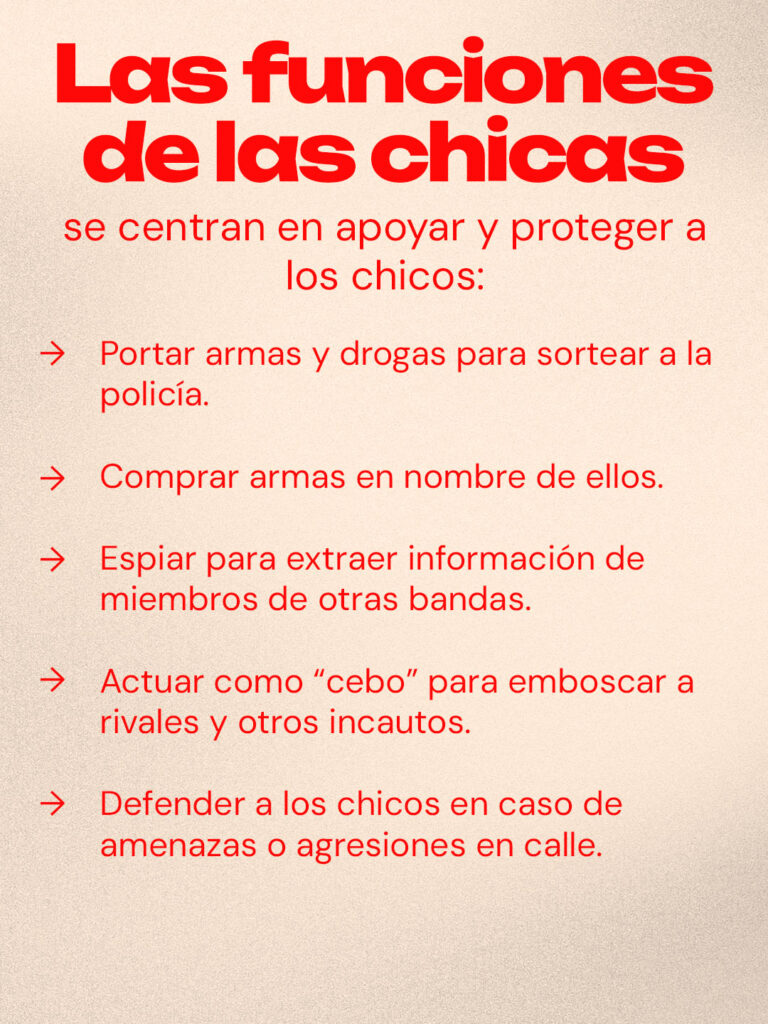 se centran en apoyar y proteger a los chicos: Portar armas y drogas para sortear a la policía. Comprar armas en nombre de ellos. Espiar para extraer información de miembros de otras bandas. Actuar como “cebo” para emboscar a rivales y otros incautos. Defender a los chicos en caso de amenazas o agresiones en calle.