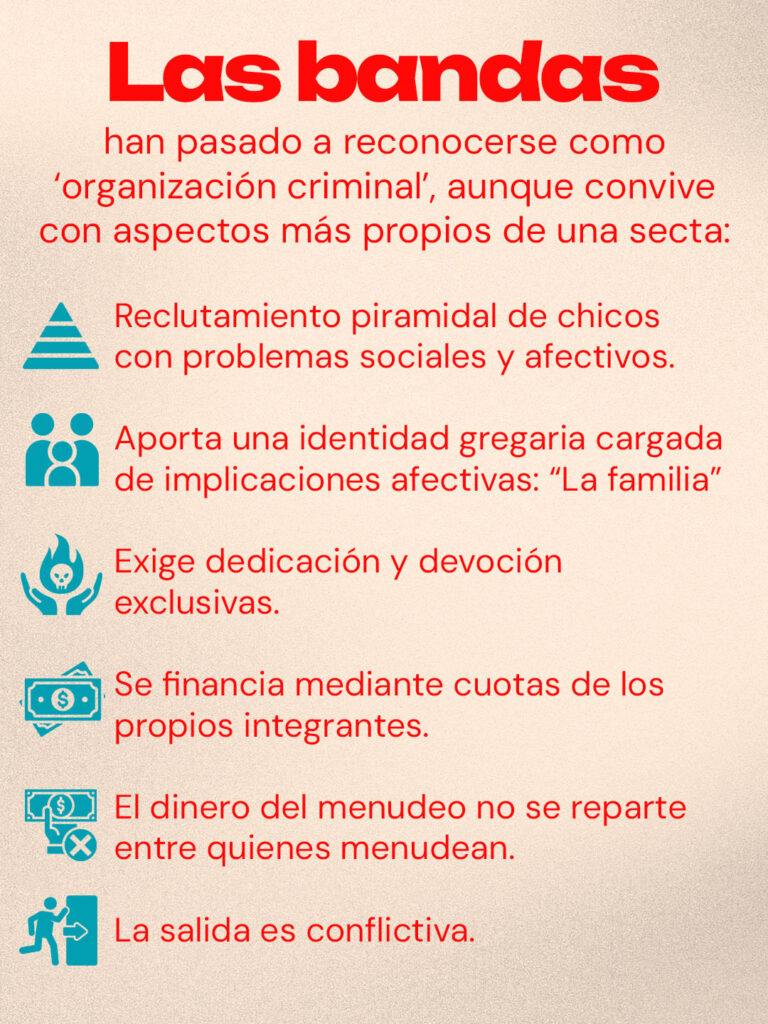 Reclutamiento piramidal de chicos con problemas sociales y afectivos. Aporta una identidad gregaria cargada de implicaciones afectivas: “La familia” Exige dedicación y devoción exclusivas. Se financia mediante cuotas de los propios integrantes. El dinero del menudeo no se reparte quienes menudean. La salida es conflictiva.